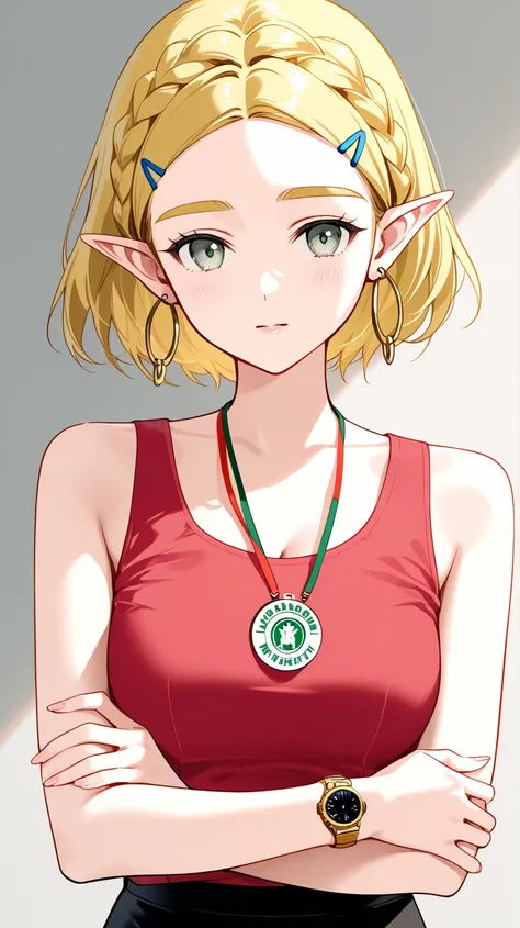 Princess Zelda in the real world as an office worker in Brazil with her arms crossed, light green and gray eyes, Hair of an office worker from Brazil, Wearing office worker clothes from Brazil, elegant red office worker tank top,  black skirt, employee bad...