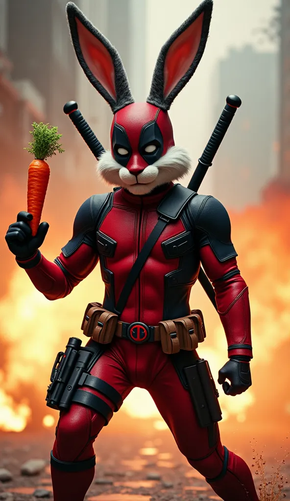 Bugs Bunny like Deadpool
"Create an image of Bugs Bunny dressed as Deadpool, in a tight red and black suit, swords on his back and a pair of pistols in his holsters. He must be in an irreverent pose, holding a carrot as if it were a gun and blinking at the...