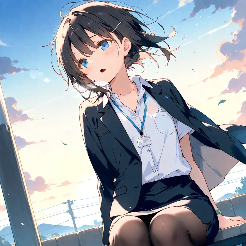 (masterpiece), (best quality), (ultra-detailed),artist:kokonoka, 1girl, office lady, flat chest, open mouth, sitting, exhausted, outdoors, wind,