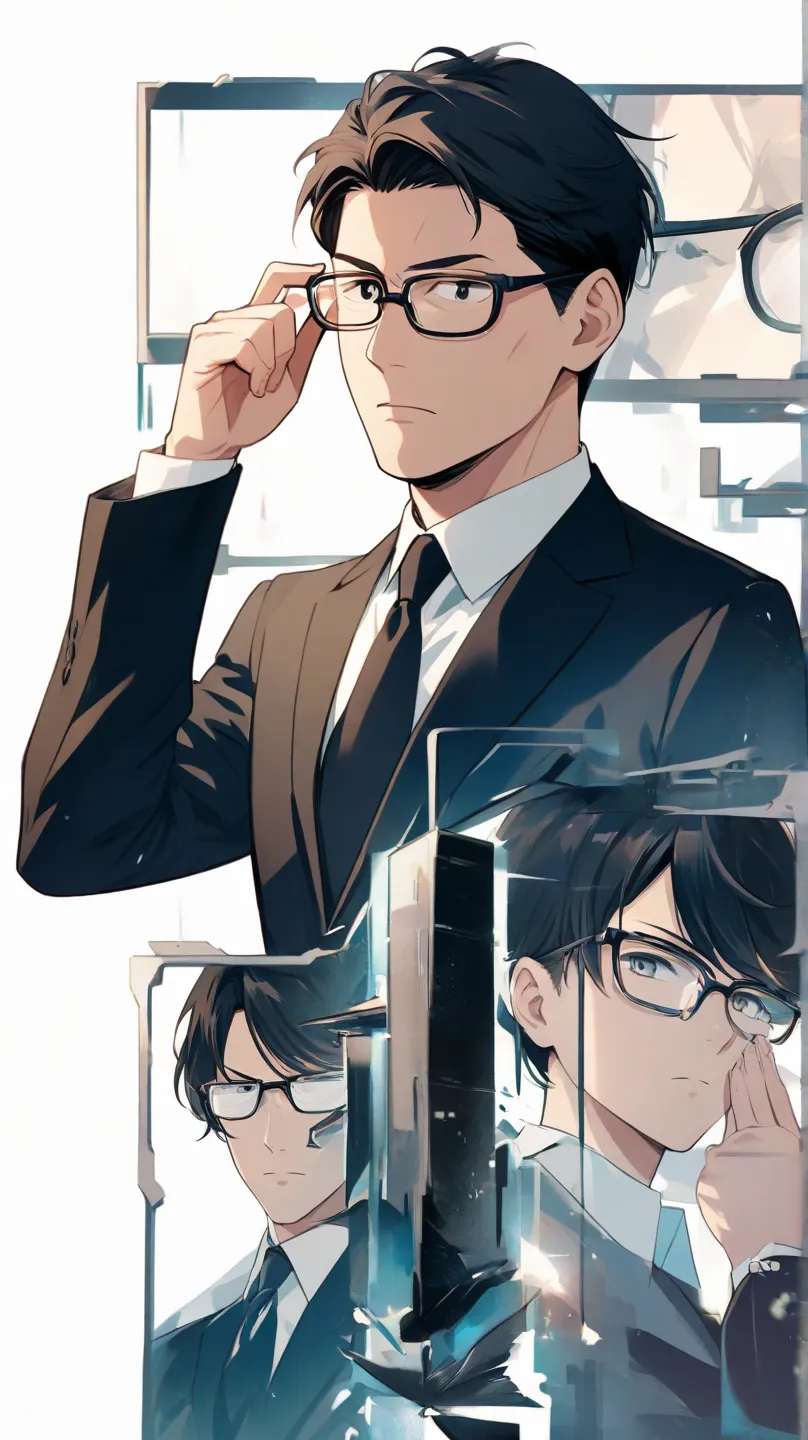  male　Glasses,　full body,  expressionless, white background, business suit for irregular, put on glasses, A man who seems serious