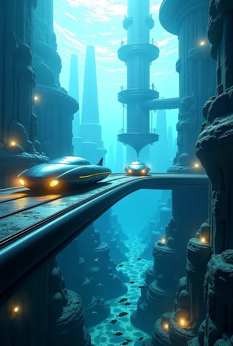 Hyper-realistic photograph of a massive underwater metropolis with transparent dome structures connected by glowing tunnels. Schools of bioluminescent fish swim between the futuristic skyscrapers. Advanced submarines navigate the bustling underwater highwa...