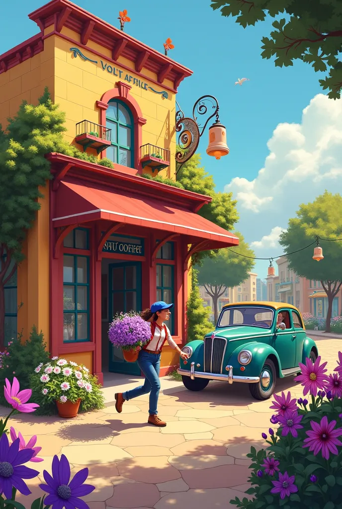 A picture painted of a flower post office with a car and a person running with a bouquet of flowers with the inscription "Frezja"