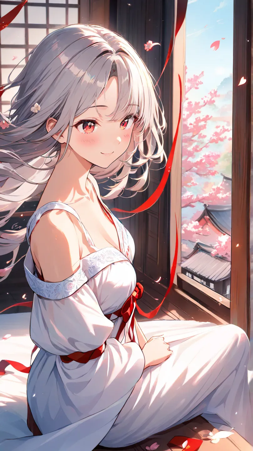  (masterpiece), ( Highest quality ), ( very detailed),(),(illustration), ( 1 girl)  gently staring ,   Scarlet Eyes with Beautiful Details, Delicate beauty,  色とりどりに咲くflower (Shine),  focus on your face(winks、close one eye), bangs,  flower,    flowing hair ...