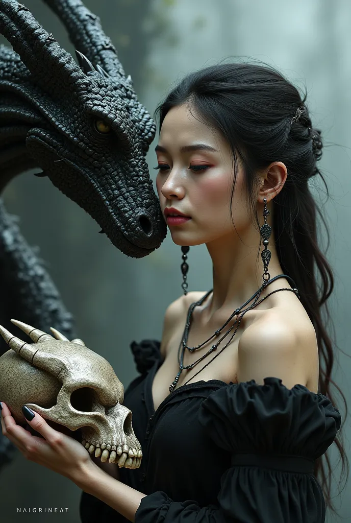 Beautiful girl and dragon with minimum details and skull necklace with holding down side up big skull on hir hand abstract background in black and gray with a lot of negative space