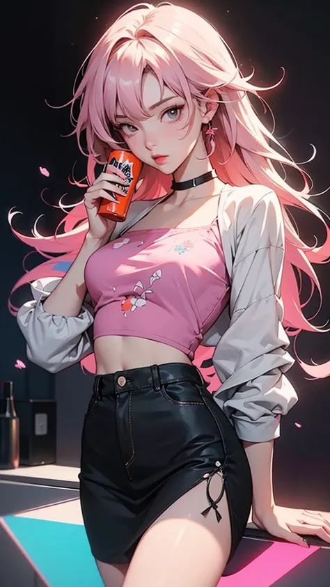 anime girl with a pink flowered top holding a cell phone, cyberpunk art inspired by Yanjun Cheng, pixiv contest winner, digital art, artwork in the style of guweiz, guweiz, anime style 4 k, digital anime illustration, ilya kuvshinov. 4 k, anime girl drinks...