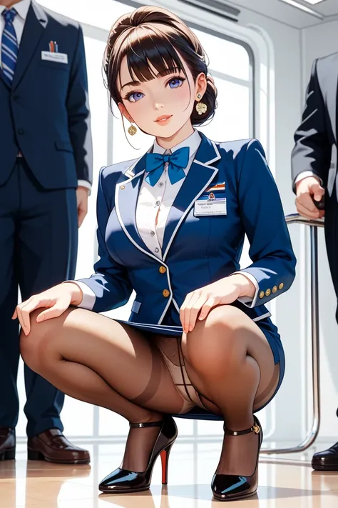 It depicts pantyhose covering the entire lower body　The Japanese airline stewardess uniform　high heels　 crouching 　 Facing Front 　Panties are beige