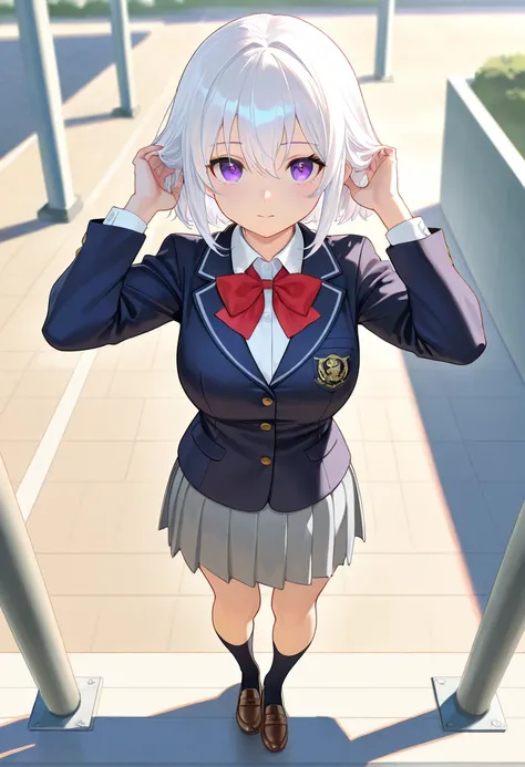 
An anime-style portrait of a young woman with long white hair and striking purple eyes. She is curvy, busty, and has a voluptuous figure, wearing a school uniform with a red bowtie, a navy blazer, and a grey skirt. The POV captures her from her head to he...