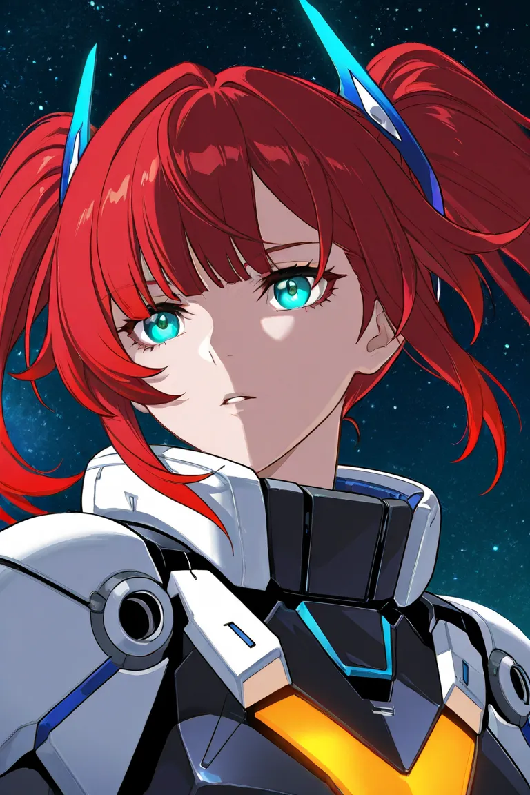 (masterpiece, best quality:1.2), highly detailed, 1girl ,  red hair , hair style is twintail  , gundam pilot outfit , space  , honkai star rail , aggressive at viewer , battle  