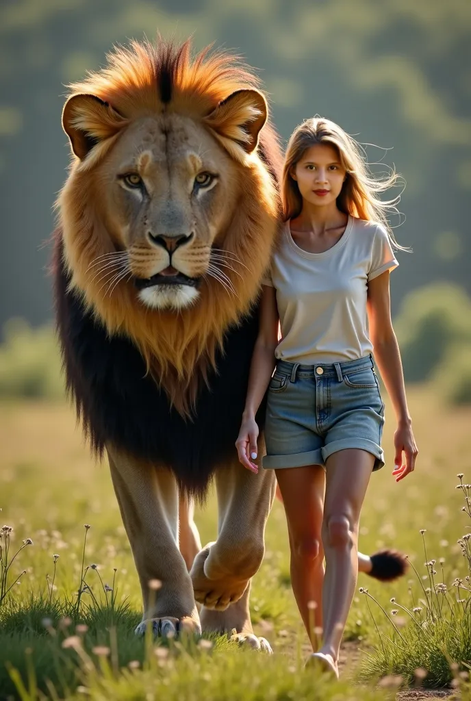 Gorgeous chick in t-shirt walks with big lion