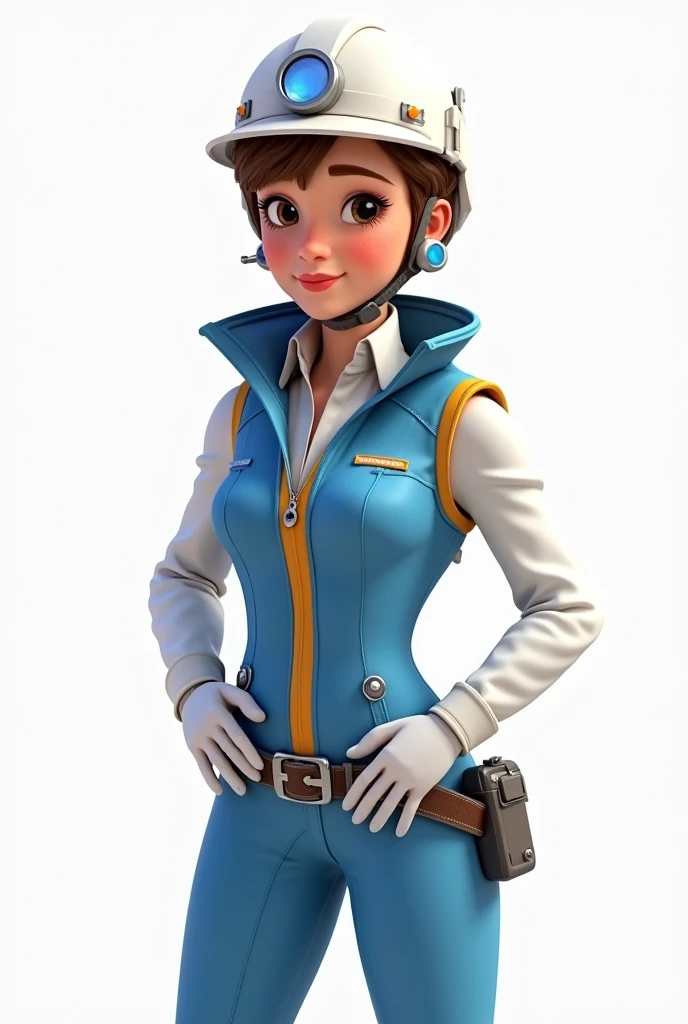 Female engineer wearing white helmet white shirt shiny animated blue vest similar to Disney the age between 20 and 28 years old with white background