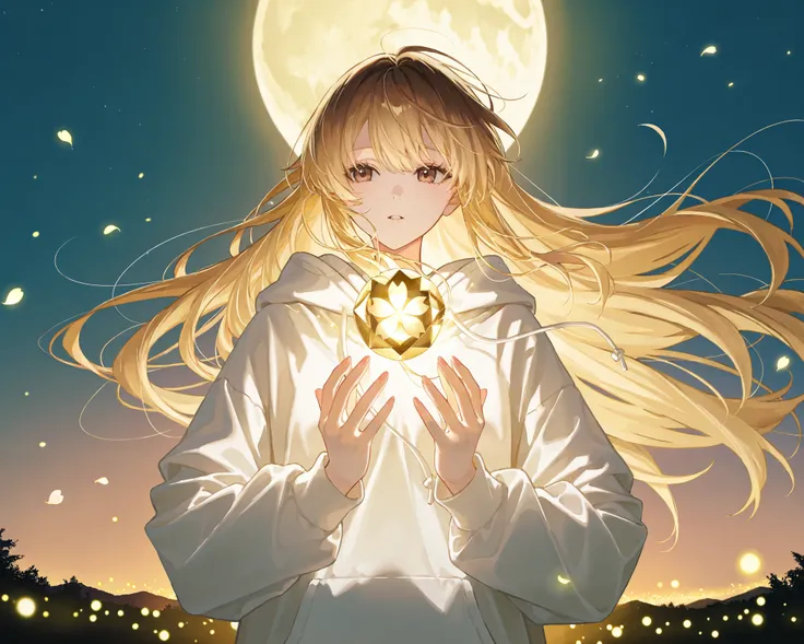 1girl, blonde, long blond golden hair flutters in the wind,   Dark brown eyes, dark brown eyes with a red tint, A girl in a white oversized hoodie, holding a golden heart-shaped light, light in the palms, Shine, очень deep background   с небом пронзительно...