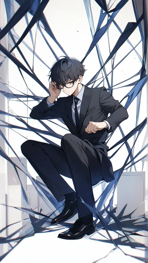  male　Glasses,　full body,  expressionless, white background, business suit for irregular, put on glasses, A man who seems serious