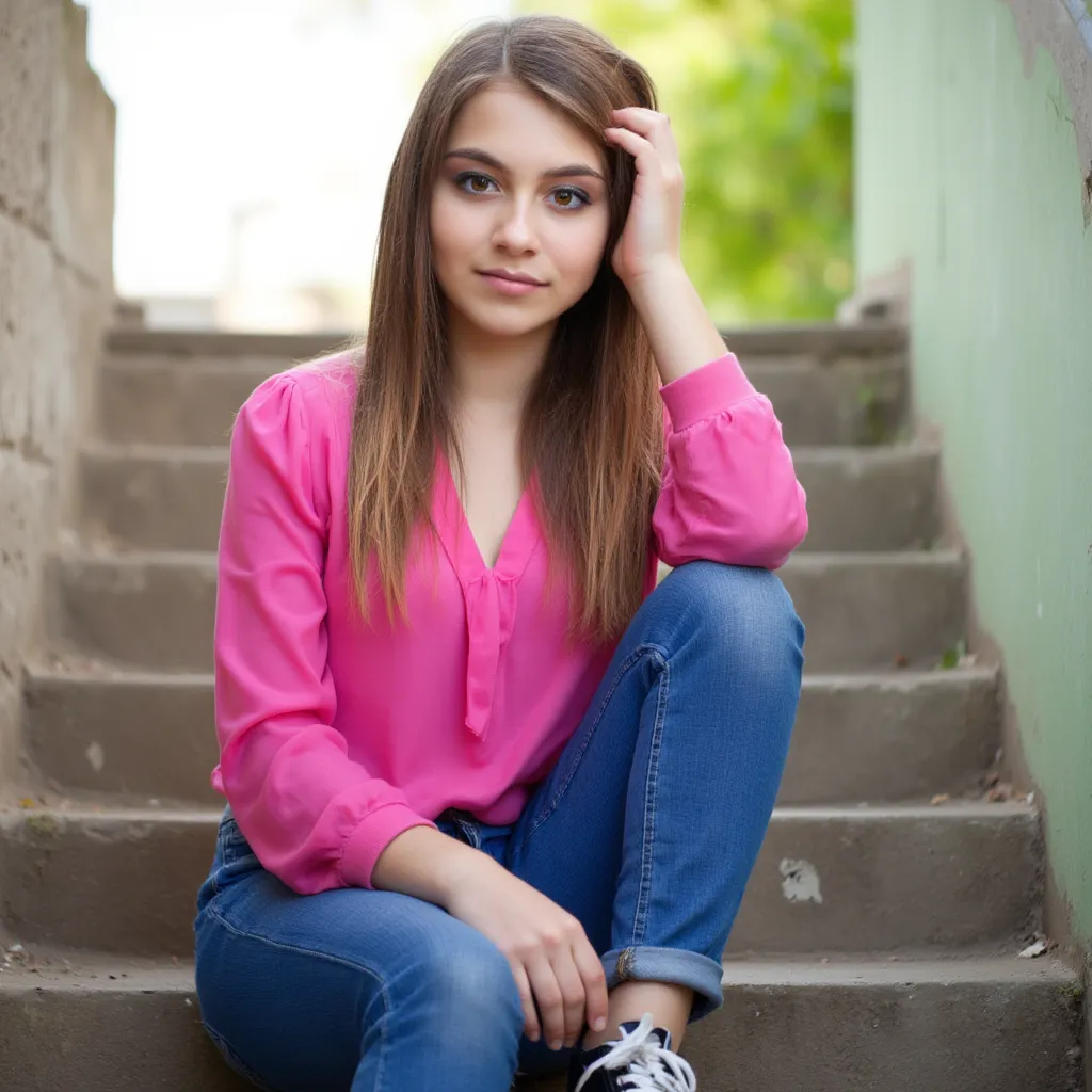 woman sits on a staircase. Has a pink blouse on.  and jeans . She's wearing sneakers.  style photorealistic ,  sharp focus, very detailed, sunlight, Detail,  full body