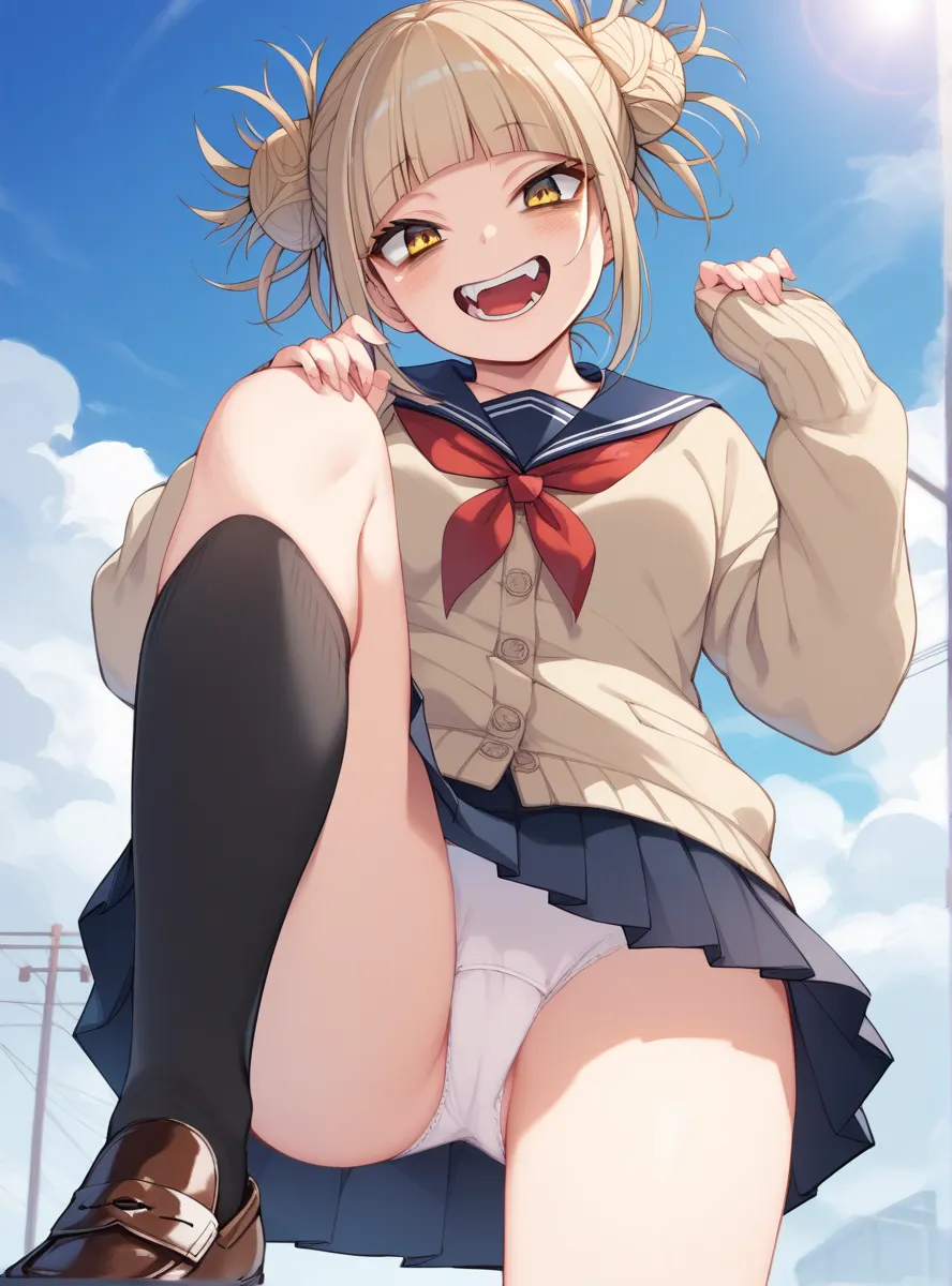  score_9,  score_8_up,  score_7_up,  score_6_up,  score_5_up, Toga Himiko, Alone, 1 girl, yellow eyes、Long narrow eyes、Narrow eyes、blond hair、 bun hair、ダブルの bun hair、 unkempt hair with an opening、 dull bangs、side lock、uniform、cardigan、sailor suit、blue sail...