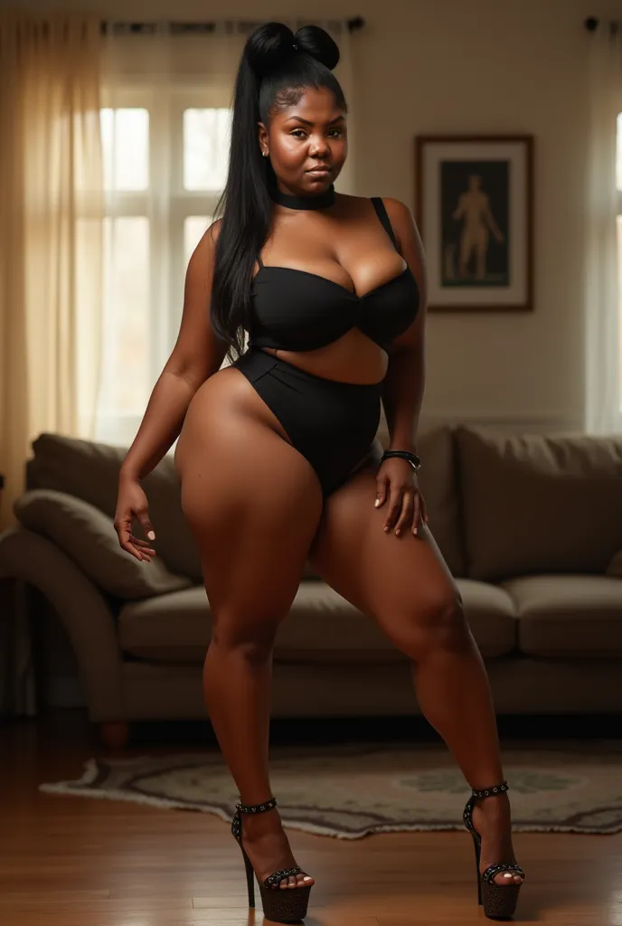 African American woman over 55 years old with straight black hair tied up in a bow, size XL with big breasts, thick legs in high-heeled sandals and naked naked in the living room of the house in front of the camera with her legs open and arms loose. 