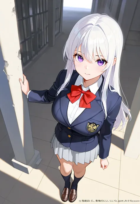 
An anime-style portrait of a young woman with long white hair and striking purple eyes. She is curvy, busty, and has a voluptuous figure, wearing a school uniform with a red bowtie, a navy blazer, and a grey skirt. The POV captures her from her head to he...