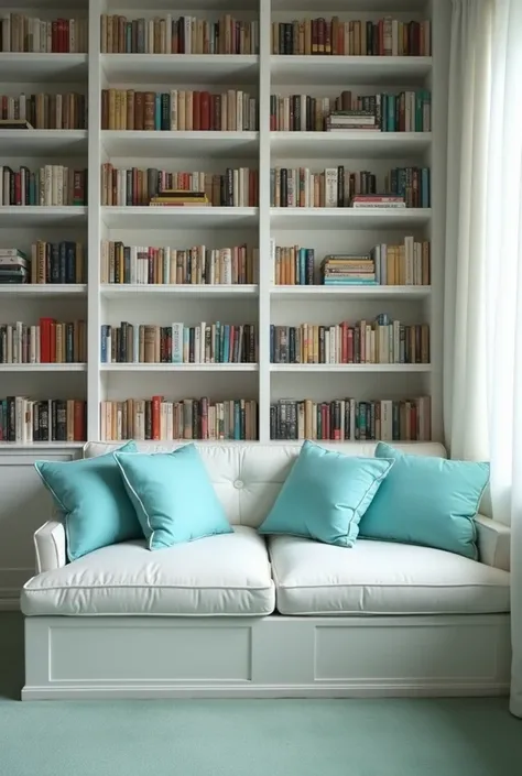 A short video of a room filled with books of fictional stories. Room interior design is white with shelf on side and a comfortable couch in the middle with sky blue pillows on its white layout. The floor is a carpet with light green colour. 