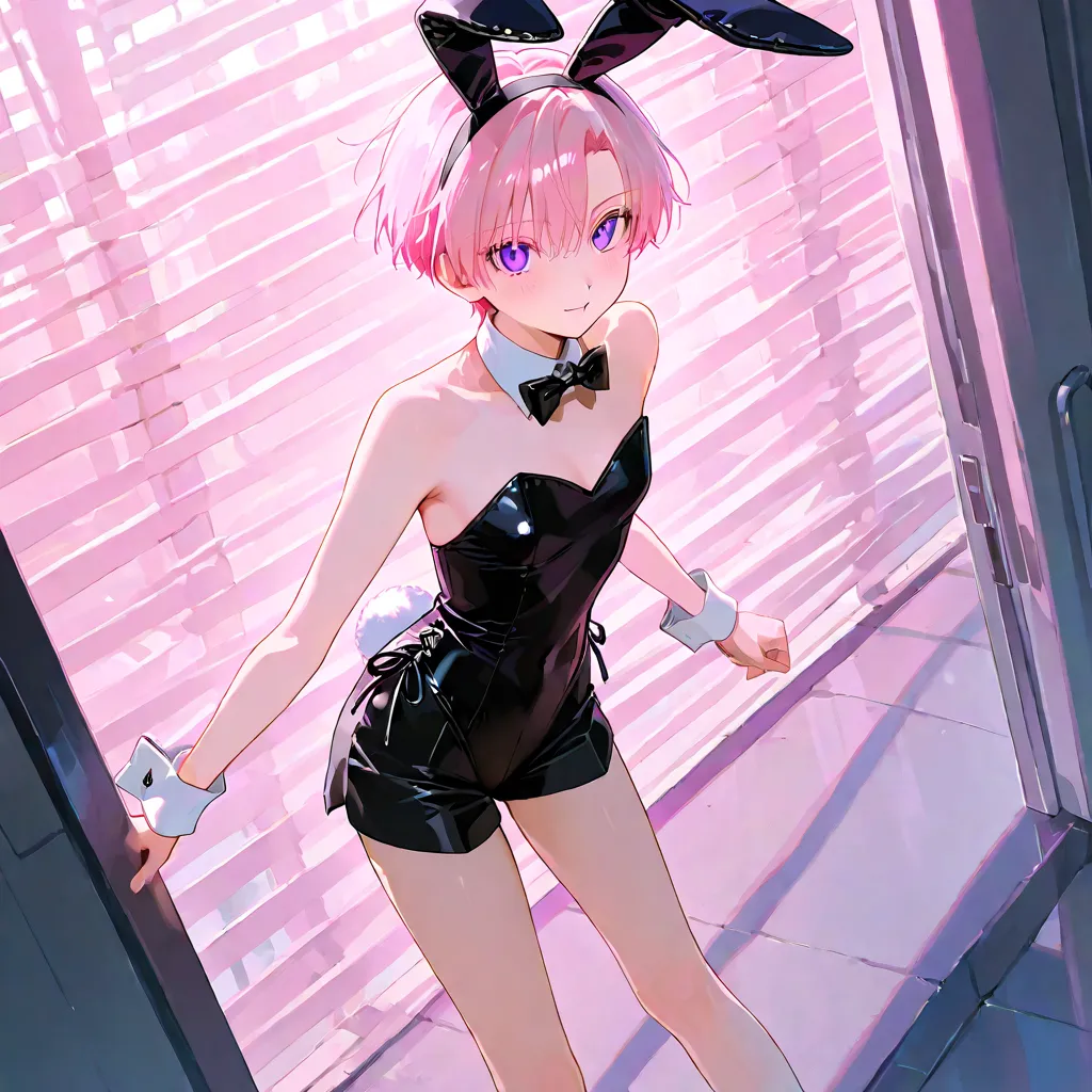 1male, soft pink hair, purple eye, cute, beautiful, short hair, short cut, blush, one boy, short cut, shorts, shy expression, bunny ears, ribbon, wink, cute background