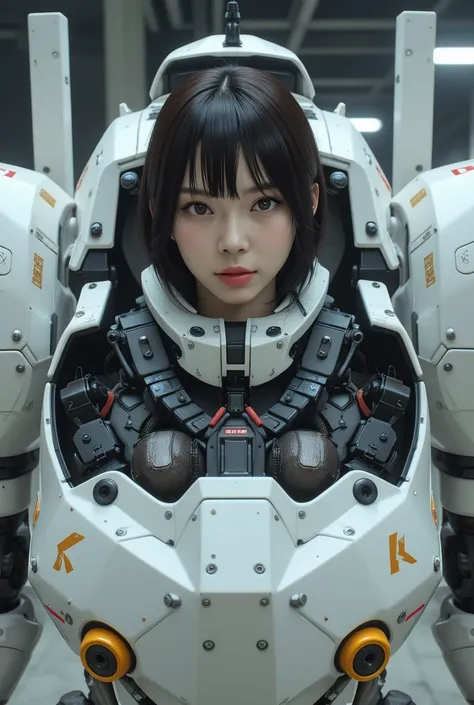 ８ｋ,Realistic skin texture、Superrealism、Realistic photo、A Japanese female pilot sits in a cockpit installed in the chest of a large robot.、Black Hair、Bobcut、Beautiful woman、White combat armor robot、Straight line, rugged design、Cyberpunk、Unit Paint and Ident...