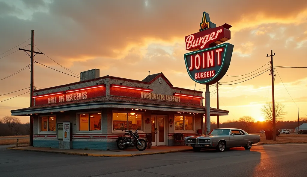 At the golden hour, a nostalgically weathered roadside burger joint stands in cinematic glory, captured in vivid 4k resolution. The aged sign glows warmly against the setting sun, beckoning passersby to step back in time. Through the wide 16:9 frame, the v...