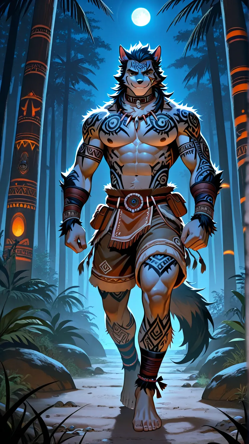 Night Jungle Anime Side View Confidence、Sexy Evil Smile Tribal Outback Adult Male Wild Body Quibou Body Sturdy Face Tattoo Sideburns Collar Side Body Totem Tattoo Full Body Tattoo Thighs Tattoo Breast Ring Shoulder Ankle Arm Furry Leg Belt Fur Shorts With ...