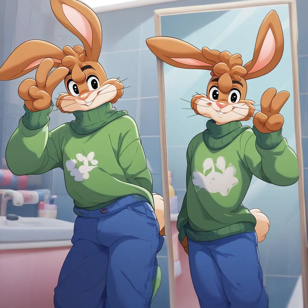 zPDXL3,quicky,4 fingers,brown fur, blue pants, green winter sweater, French style, posing in the bathroom mirror, handsome 25 year old adult, 6 feet tall, cute version of quicky, cute rabbit hair, furry, rabbit, male, femboy, slim,solo,looking_at_viewer, m...