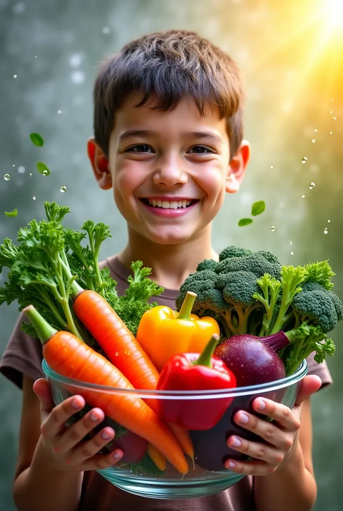 A smiling person (diverse style, young/adult) holding a transparent bowl filled with colorful and bright vegetables (carrots, broccoli, peppers, beets), with water droplets highlighting freshness. In the background, one side of the image has gray/faded ton...