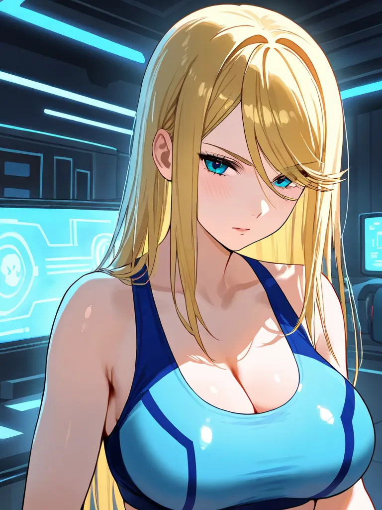 Samus　blonde straight hair with loose hair　 blue sports bra　In the middle of an action wearing a zero suit　cool look　cyber room