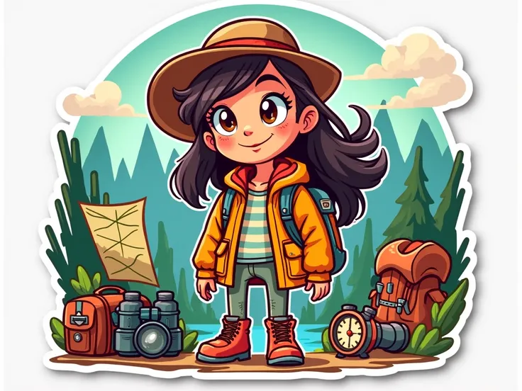 Create a drawing with text "Marta the Explorer" in a very colorful sticker style with typical explorer accessories around it such as a map,compass,binoculars,knapsack. 