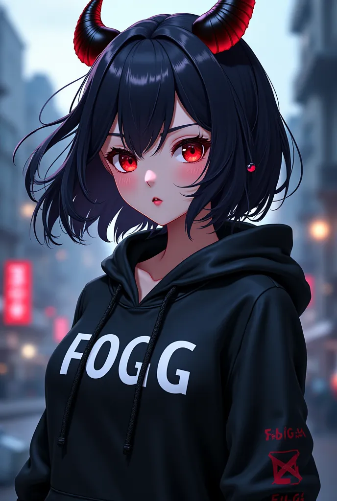 i want anime girl like japan she wear black hoodie and that hoodie has a word "Fogg" on she has red eyes and black hair ,has horns,like anime film in japan more anime,"Fogg" more anime