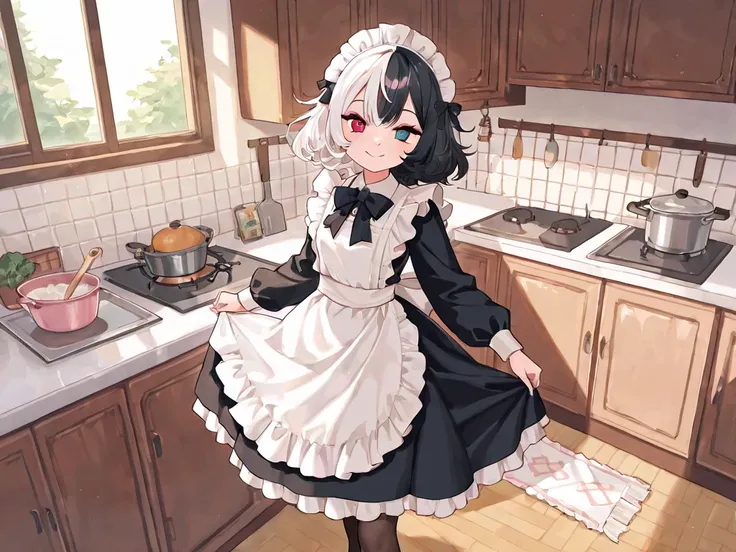 a cartoon girl is holding a rag doll by a pink pot in the kitchen,  1girl , Alone, apron, black hair, pantyhose, multicolored hair, smile, split-color hair, maid headdress, two-tone hair, heterochromia, white hair, looking at viewer, indoors, dress, kitche...