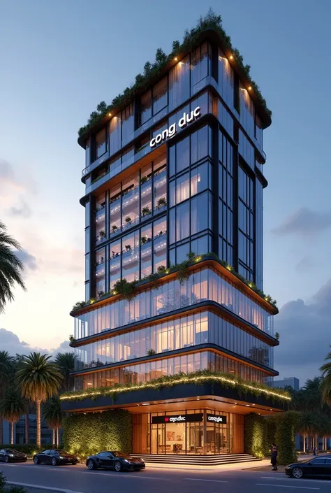 A luxurious modern hotel with a 3-story podium base and a 10-story high-rise tower above. The podium features large glass facades, warm ambient lighting, and an elegant entrance with a grand lobby. The high-rise section has a sleek contemporary design with...