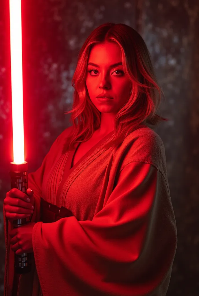 Sydney sweeney, wearing a star wars jedi outfit, holding red lightsaber