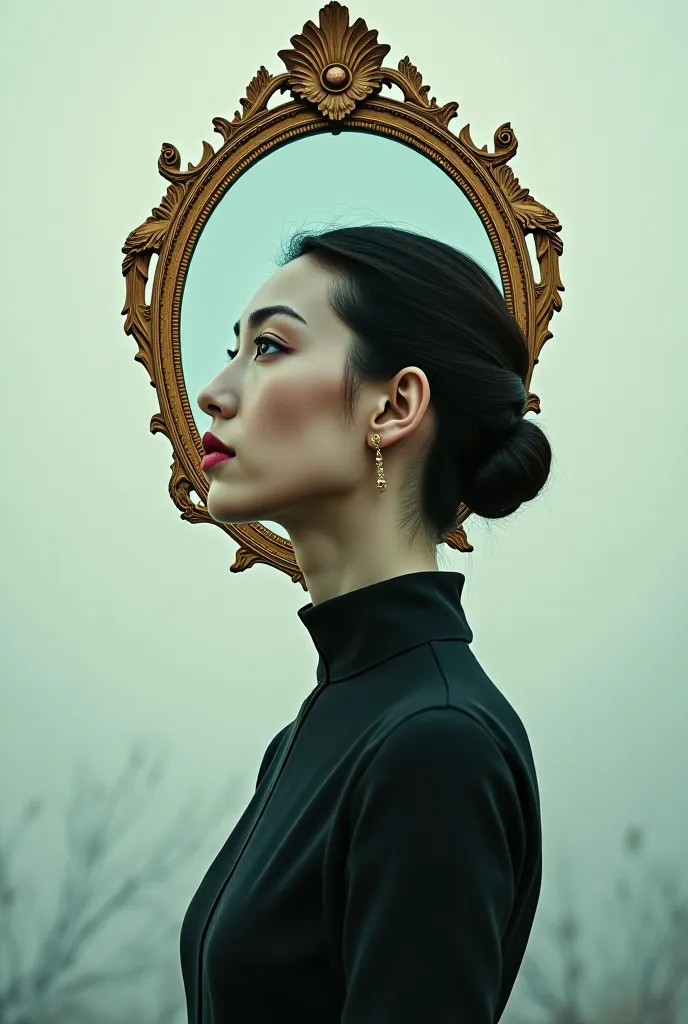 A poster - woman with a mirror instead of a head