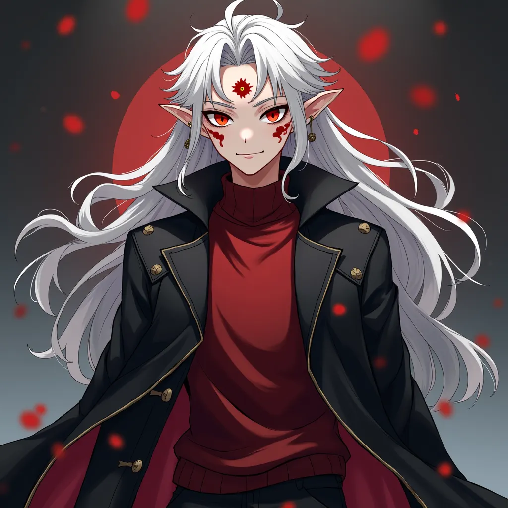 Elf vampire man ,youthful looking , with long white hair,  red glowing eyes , with a smirk and red cloud tattoos on his face with an earring in the shape of an eye, there is a third eye on the forehead with a golden pupil , wearing a worn black coat, red s...