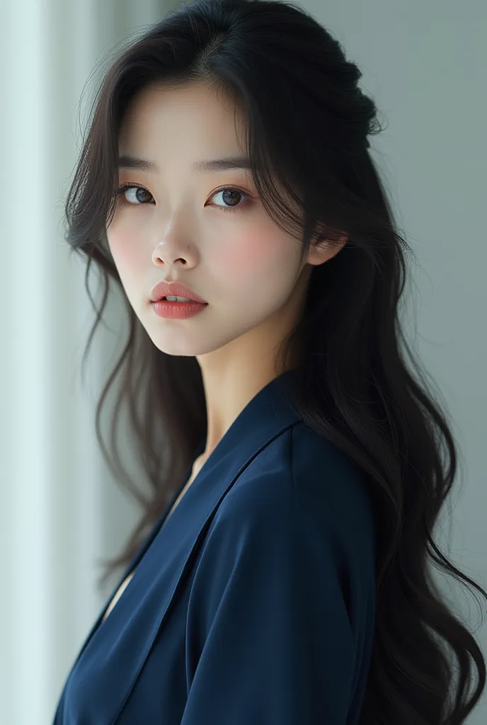 A very beautiful Korean woman with long hair wearing a navy long sleeve dress