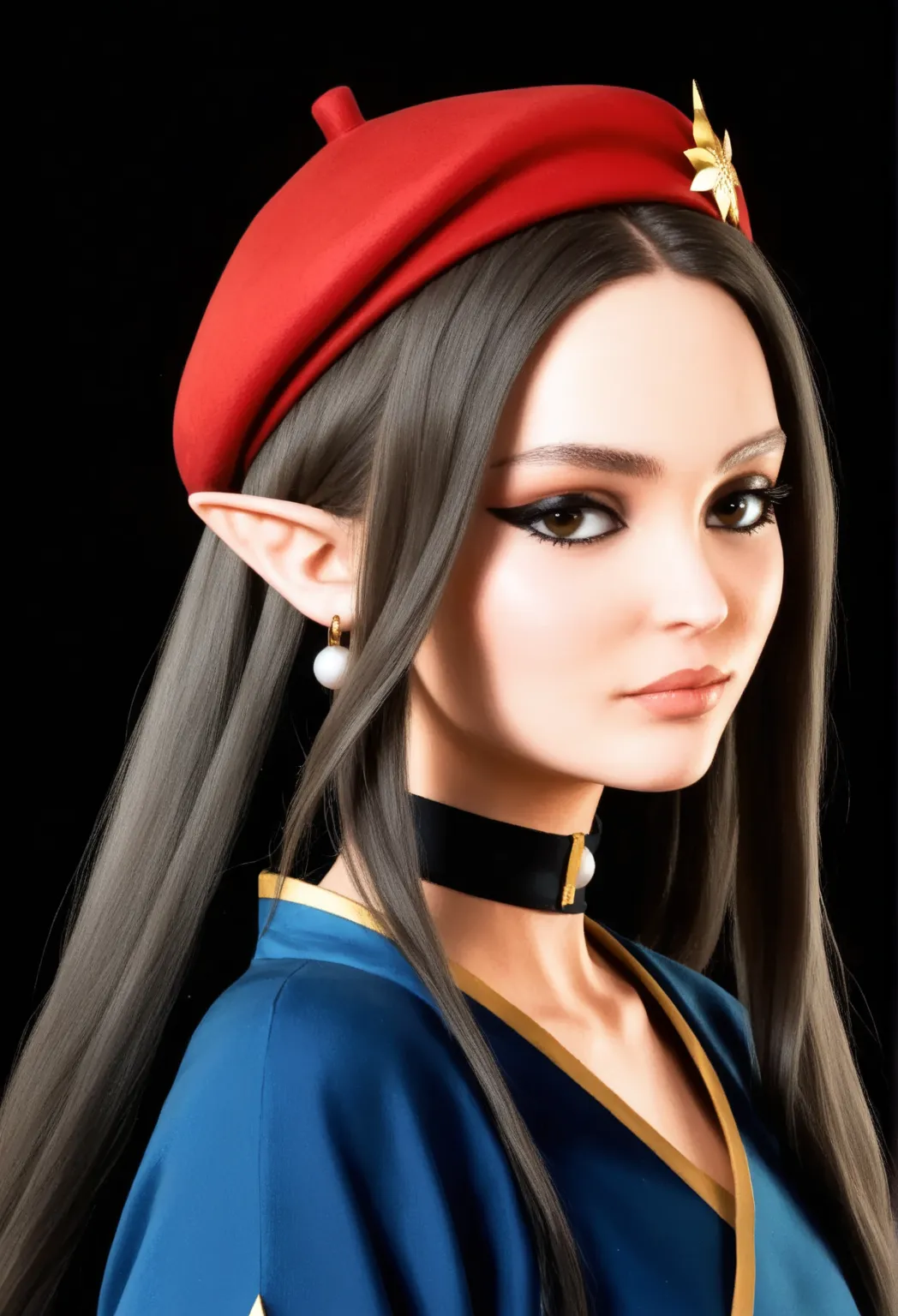 A captivating depiction of a modern elf warrior blending French and Japanese aesthetics, posed gracefully against a neutral background. Her hairstyle is a low bun, exuding sophistication. She wears a cropped shirt inspired by the French Breton design, feat...