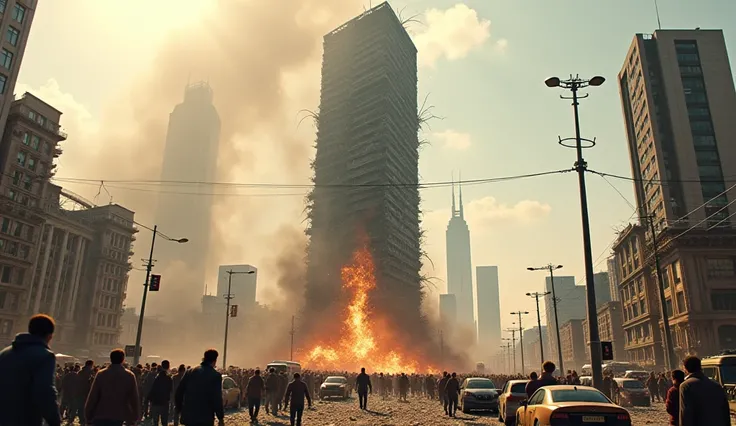 A massive earthquake strikes a modern city, causing a towering skyscraper to split in half at its core. The building, once a symbol of architectural strength, now fractures dramatically, with steel beams and shattered glass raining down onto the debris-cov...