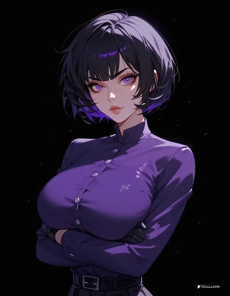 girl, black hair, short hair ,Cool hair Bob , in purple eyes,thinบาง,thinเพรียว,big breasts,Purple black dress , black long skirt,Fabric skirt ,clothes,,Fierce face,Sharp eyes,black background,beautiful, , Long Sleeve Shirt,teacher,girlแมงมุม,Fierce face,C...