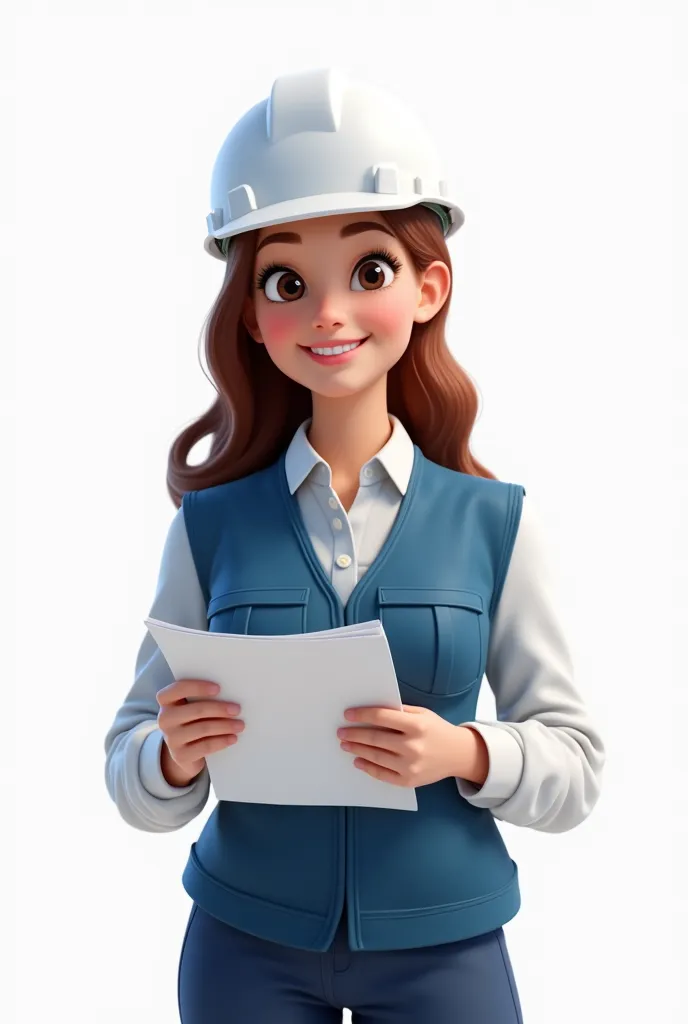 Female engineer with white helmet white shirt shiny animated blue vest similar to Disney the age between 20 and 28 years old with a white background with an engineering vest holding a flat paper that the photo or image is from her waist up I don't want to ...