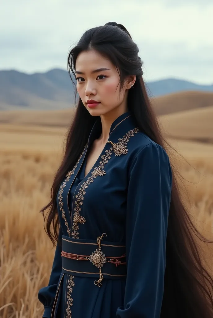 Image of a long dark haired princess, brown eyes, Caucasian, in a navy blue Mongolian suit riding on the steppe 