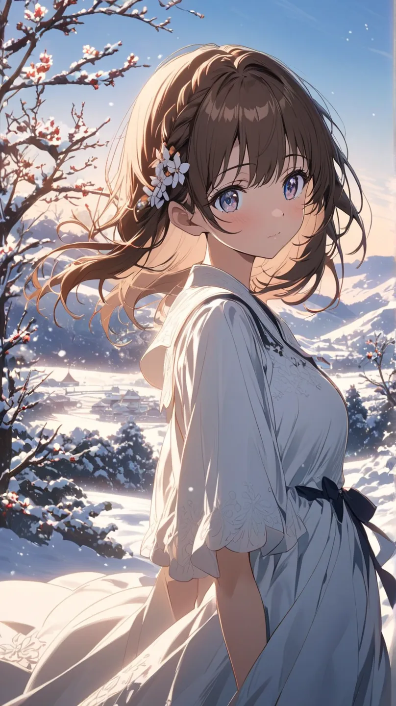 16K brown hair with short side braids,  old high school girl X's hair ornament, super beautiful, white shoulder dress, anime style, snow, smile over plum blossoms, blue sky, morning light