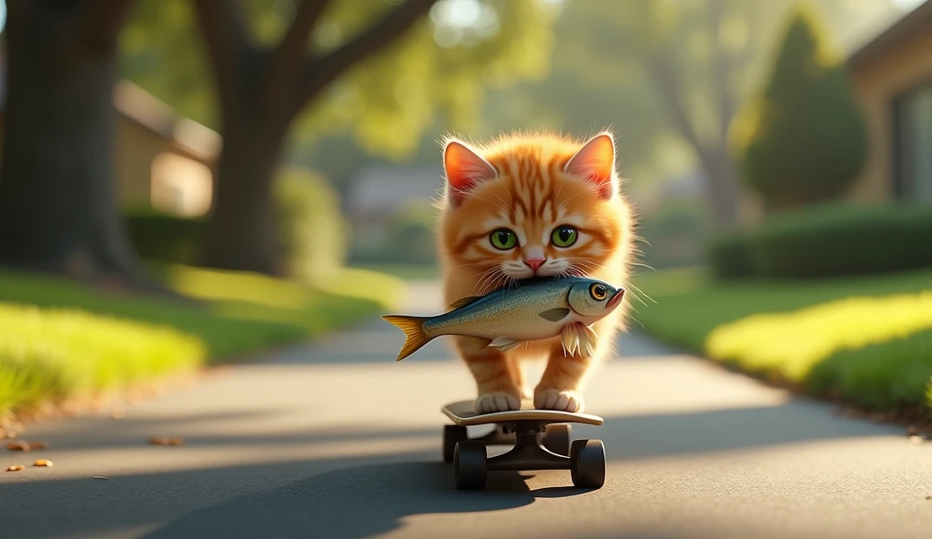 real life cinematic full hd, ginger kitten with green eyes, riding a skate board down the road with a fish in its mouth