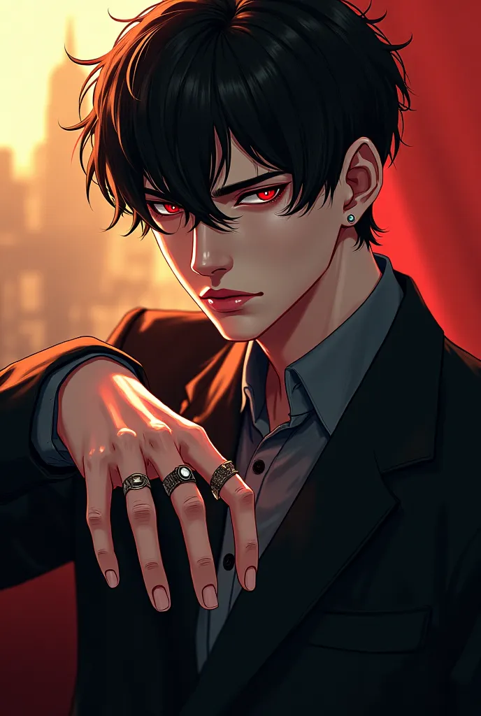 cool ,handsome and young man , businessman ,with a cool ring like a death king  , like a boss( anime boy) , full with hate in eyes and outside but kind inside , never show the feeling