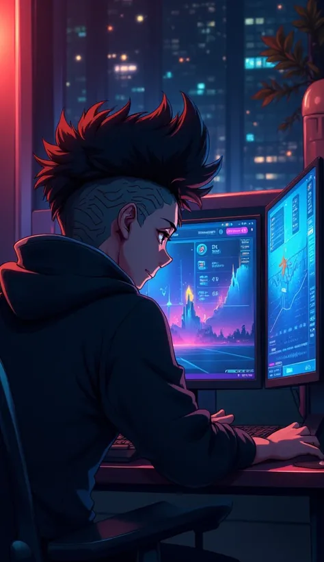 anime, boy, long hair, black hoodie, in the dark room, two computer screens with crypto chart on screen, high-resolution image,