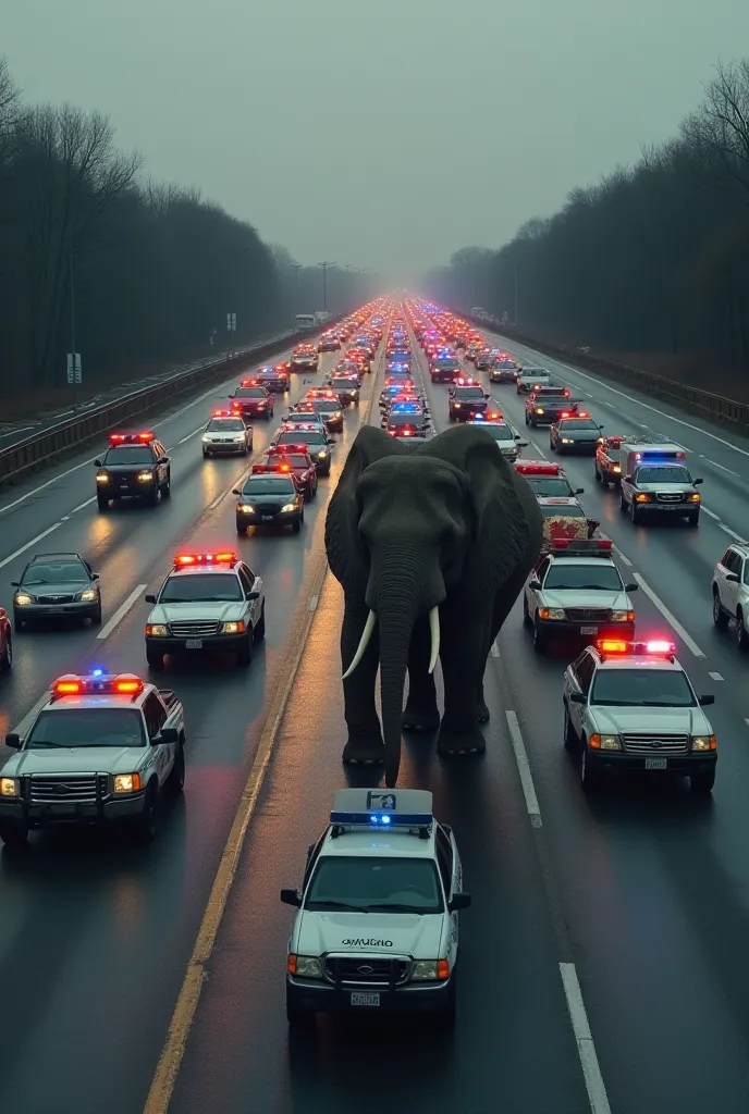 
   Make an image of a highway, With a lot of police cars and the highway is closed because there are a snake and an elephant they are fighting with each other. cops are trying to help. The elephant must appear in its entirety, And so does the snake 