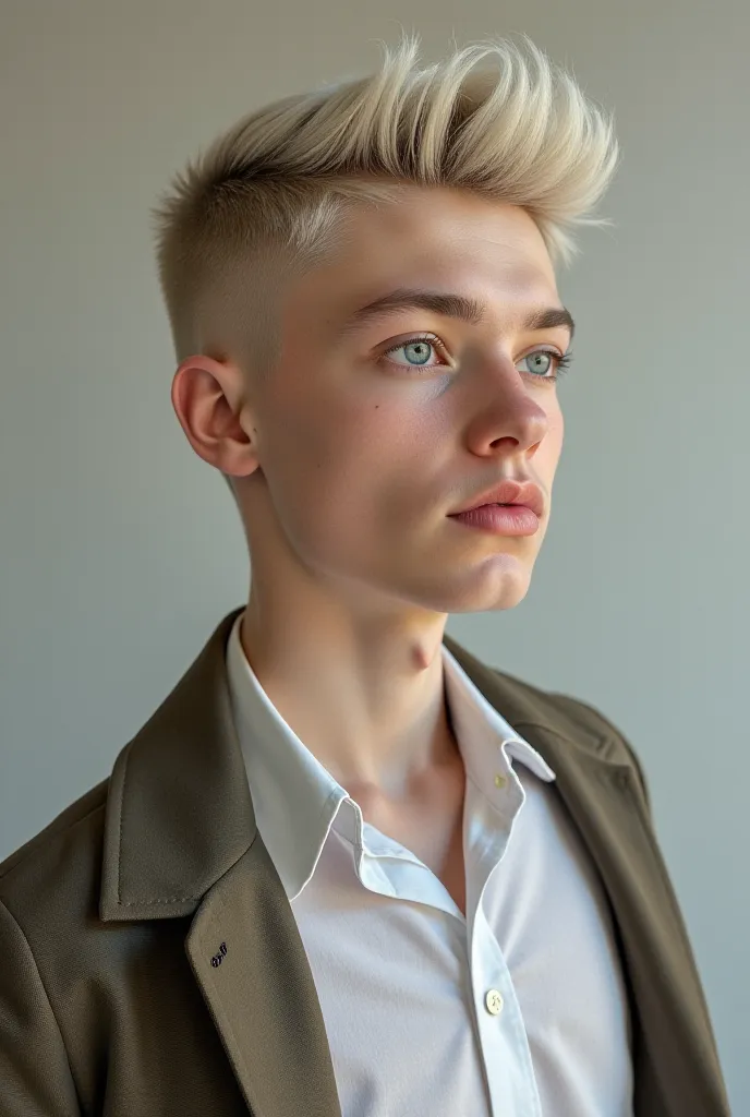 A 16-year-old Caucasian ager, with Irish features, short platinum hair shaved on the sides, light blue eyes, e vestimenta old money casual.