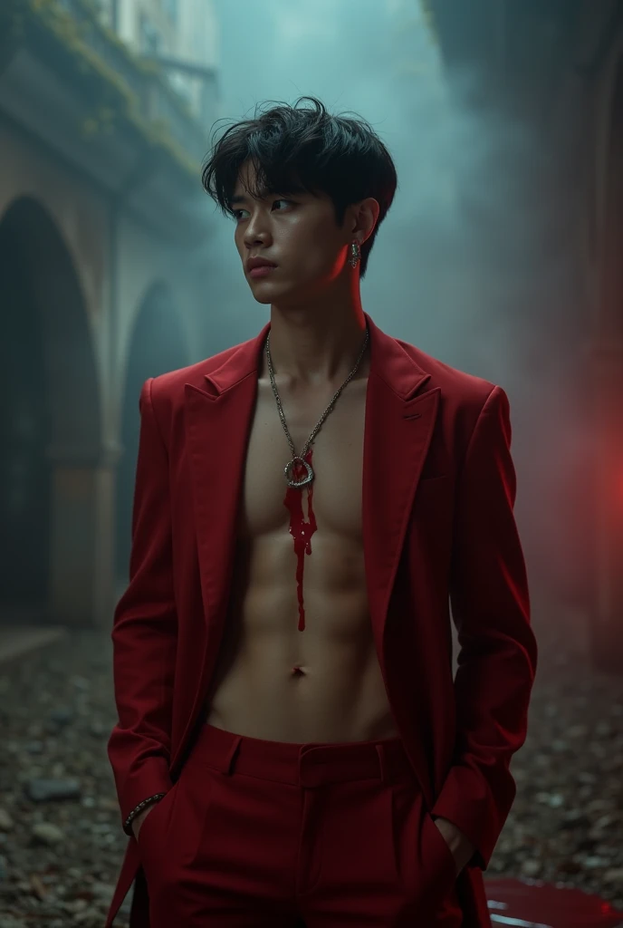 Park Jimin from BTS in 4k vampire dressed in an open red suit showing defined abdomen muscles without a shirt ,Hurry dirty samples of a red liquid