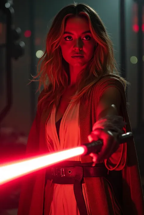 Sydney sweeney, wearing a star wars jedi outfit, holding red lightsaber