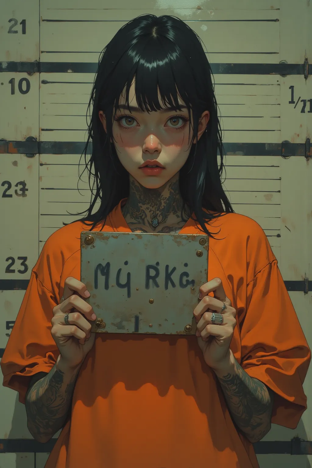 Mugshot photo of an all-back skinny woman wearing a prisoner uniform,the prison uniform is plain orange and has no elements that could be used for self-harm or escape, such as strings.,the background is a graph with height scales engraved on it,,The pose i...